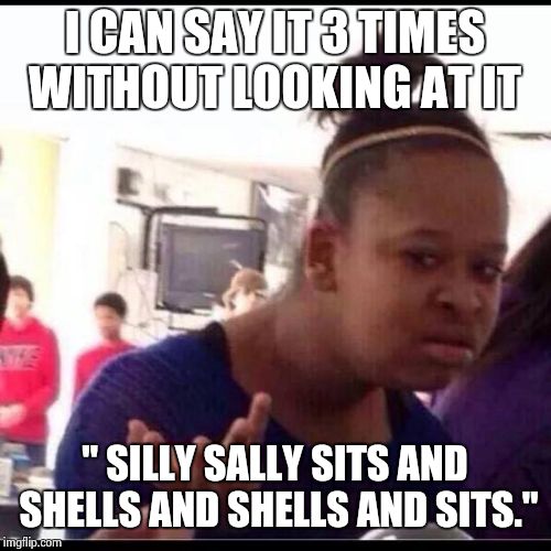 downs showing | I CAN SAY IT 3 TIMES WITHOUT LOOKING AT IT " SILLY SALLY SITS AND SHELLS AND SHELLS AND SITS." | image tagged in downs showing | made w/ Imgflip meme maker