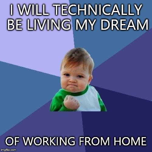 Success Kid | I WILL TECHNICALLY BE LIVING MY DREAM OF WORKING FROM HOME | image tagged in memes,success kid,AdviceAnimals | made w/ Imgflip meme maker