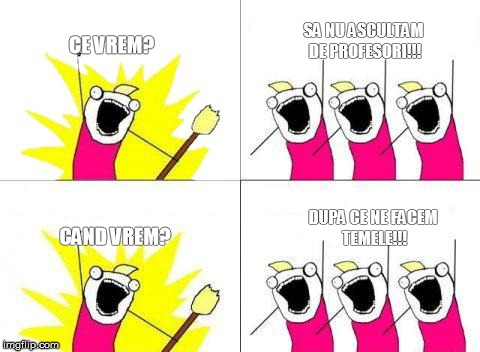 What Do We Want Meme | CE VREM? SA NU ASCULTAM DE PROFESORI!!! CAND VREM? DUPA CE NE FACEM TEMELE!!! | image tagged in memes,what do we want | made w/ Imgflip meme maker