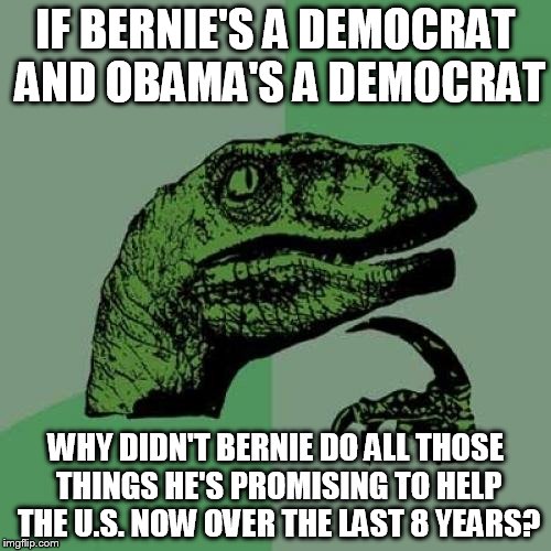 Philosoraptor | IF BERNIE'S A DEMOCRAT AND OBAMA'S A DEMOCRAT WHY DIDN'T BERNIE DO ALL THOSE THINGS HE'S PROMISING TO HELP THE U.S. NOW OVER THE LAST 8 YEAR | image tagged in memes,philosoraptor | made w/ Imgflip meme maker