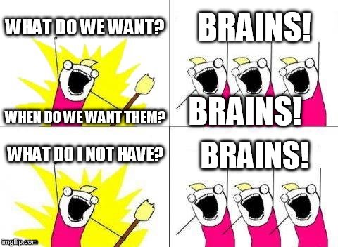 What Do We Want Meme | WHAT DO WE WANT? BRAINS! WHAT DO I NOT HAVE? BRAINS! WHEN DO WE WANT THEM? BRAINS! | image tagged in memes,what do we want | made w/ Imgflip meme maker