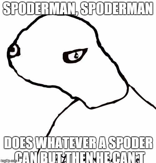 spoderman | SPODERMAN, SPODERMAN DOES WHATEVER A SPODER CAN BUT THEN HE CAN'T | image tagged in spoderman | made w/ Imgflip meme maker