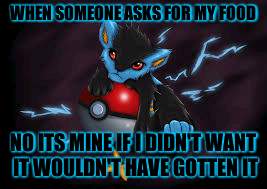 WHEN SOMEONE ASKS FOR MY FOOD NO ITS MINE IF I DIDN'T WANT IT WOULDN'T HAVE GOTTEN IT | image tagged in pokemon,luxray | made w/ Imgflip meme maker