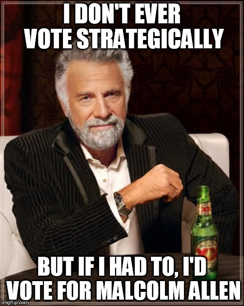 The Most Interesting Man In The World | I DON'T EVER VOTE STRATEGICALLY BUT IF I HAD TO, I'D VOTE FOR MALCOLM ALLEN | image tagged in memes,the most interesting man in the world | made w/ Imgflip meme maker