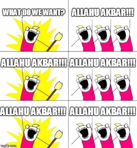 What Do We Want 3 | WHAT DO WE WANT? ALLAHU AKBAR!!! ALLAHU AKBAR!!! ALLAHU AKBAR!!! ALLAHU AKBAR!!! ALLAHU AKBAR!!! | image tagged in memes,what do we want 3 | made w/ Imgflip meme maker