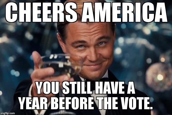Leonardo Dicaprio Cheers Meme | CHEERS AMERICA YOU STILL HAVE A YEAR BEFORE THE VOTE. | image tagged in memes,leonardo dicaprio cheers | made w/ Imgflip meme maker