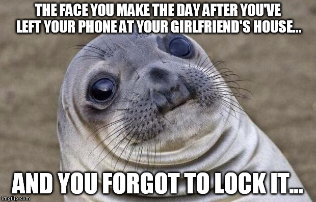 Awkward Moment Sealion Meme | THE FACE YOU MAKE THE DAY AFTER YOU'VE LEFT YOUR PHONE AT YOUR GIRLFRIEND'S HOUSE... AND YOU FORGOT TO LOCK IT... | image tagged in memes,awkward moment sealion | made w/ Imgflip meme maker