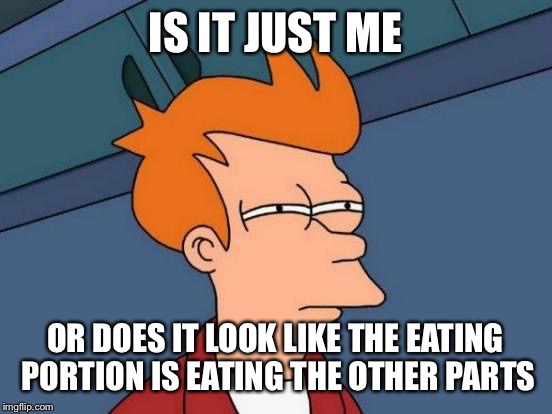 Futurama Fry Meme | IS IT JUST ME OR DOES IT LOOK LIKE THE EATING PORTION IS EATING THE OTHER PARTS | image tagged in memes,futurama fry | made w/ Imgflip meme maker