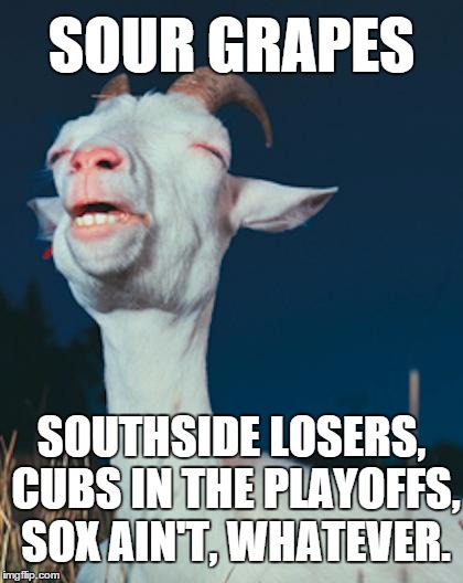 The Face you make Goat Curse. . . | SOUR GRAPES SOUTHSIDE LOSERS, CUBS IN THE PLAYOFFS, SOX AIN'T, WHATEVER. | image tagged in goatface,goat curse,chicago,cubs,nlcs 2015 | made w/ Imgflip meme maker