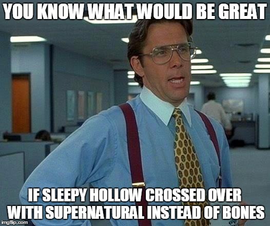 That Would Be Great | YOU KNOW WHAT WOULD BE GREAT IF SLEEPY HOLLOW CROSSED OVER WITH SUPERNATURAL INSTEAD OF BONES | image tagged in memes,that would be great | made w/ Imgflip meme maker