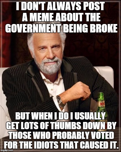 The Most Interesting Man In The World Meme | I DON'T ALWAYS POST A MEME ABOUT THE GOVERNMENT BEING BROKE BUT WHEN I DO I USUALLY GET LOTS OF THUMBS DOWN BY THOSE WHO PROBABLY VOTED FOR  | image tagged in memes,the most interesting man in the world | made w/ Imgflip meme maker