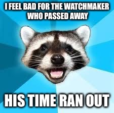 raccoon | I FEEL BAD FOR THE WATCHMAKER WHO PASSED AWAY HIS TIME RAN OUT | image tagged in raccoon | made w/ Imgflip meme maker