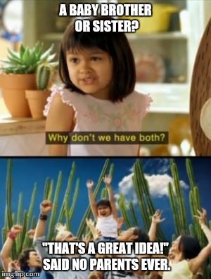 Why Not Both | A BABY BROTHER OR SISTER? "THAT'S A GREAT IDEA!" SAID NO PARENTS EVER. | image tagged in memes,why not both | made w/ Imgflip meme maker