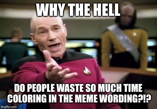Picard Wtf | WHY THE HELL DO PEOPLE WASTE SO MUCH TIME COLORING IN THE MEME WORDING?!? | image tagged in memes,picard wtf | made w/ Imgflip meme maker