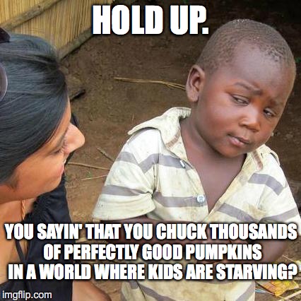 Third World Skeptical Kid Meme | HOLD UP. YOU SAYIN' THAT YOU CHUCK THOUSANDS OF PERFECTLY GOOD PUMPKINS IN A WORLD WHERE KIDS ARE STARVING? | image tagged in memes,third world skeptical kid | made w/ Imgflip meme maker