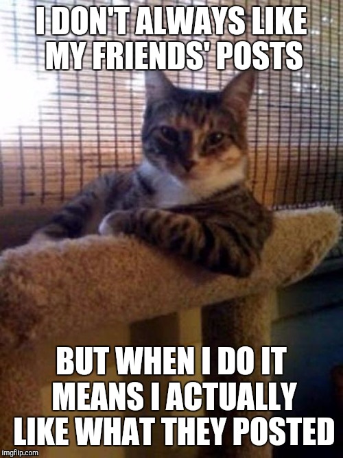 Truth | I DON'T ALWAYS LIKE MY FRIENDS' POSTS BUT WHEN I DO IT MEANS I ACTUALLY LIKE WHAT THEY POSTED | image tagged in memes,the most interesting cat in the world | made w/ Imgflip meme maker