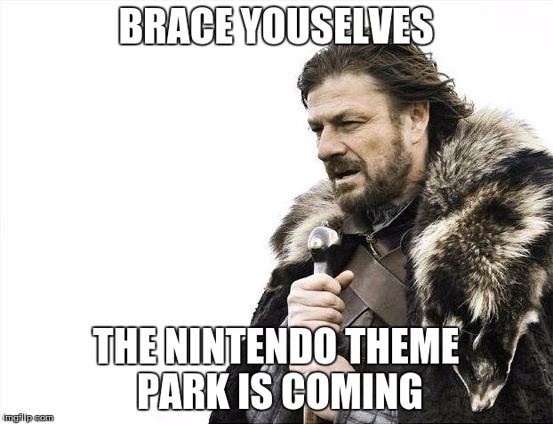 Brace Yourselves X is Coming | BRACE YOUSELVES THE NINTENDO THEME PARK IS COMING | image tagged in memes,brace yourselves x is coming | made w/ Imgflip meme maker