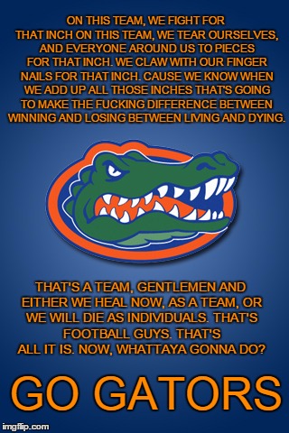 Gators | ON THIS TEAM, WE FIGHT FOR THAT INCHON THIS TEAM, WE TEAR OURSELVES, AND EVERYONE AROUND USTO PIECES FOR THAT INCH.WE CLAW WITH OUR FINGE | image tagged in gators | made w/ Imgflip meme maker