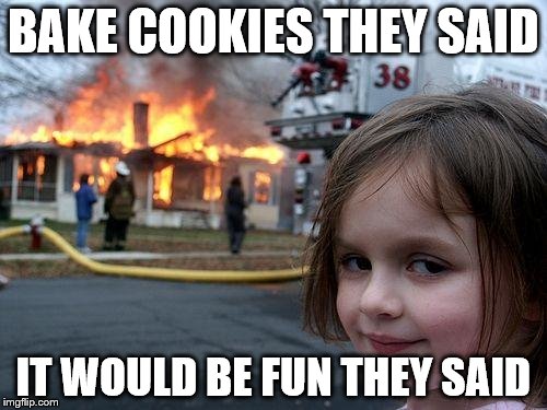 Disaster Girl | BAKE COOKIES THEY SAID IT WOULD BE FUN THEY SAID | image tagged in memes,disaster girl | made w/ Imgflip meme maker