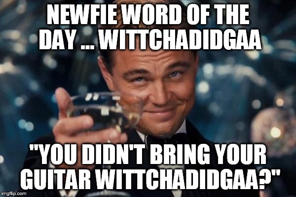 Leonardo Dicaprio Cheers Meme | NEWFIE WORD OF THE DAY ... WITTCHADIDGAA "YOU DIDN'T BRING YOUR GUITAR WITTCHADIDGAA?" | image tagged in memes,leonardo dicaprio cheers | made w/ Imgflip meme maker