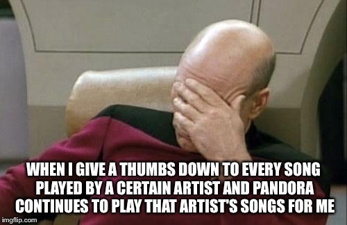 Captain Picard Facepalm Meme | WHEN I GIVE A THUMBS DOWN TO EVERY SONG PLAYED BY A CERTAIN ARTIST AND PANDORA CONTINUES TO PLAY THAT ARTIST'S SONGS FOR ME | image tagged in memes,captain picard facepalm | made w/ Imgflip meme maker