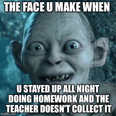 Gollum | THE FACE U MAKE WHEN U STAYED UP ALL NIGHT DOING HOMEWORK AND THE TEACHER DOESN'T COLLECT IT | image tagged in memes,gollum | made w/ Imgflip meme maker