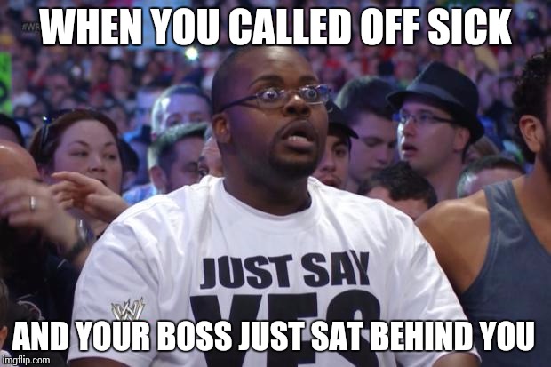 Shocked WWE Fan | WHEN YOU CALLED OFF SICK AND YOUR BOSS JUST SAT BEHIND YOU | image tagged in shocked wwe fan | made w/ Imgflip meme maker