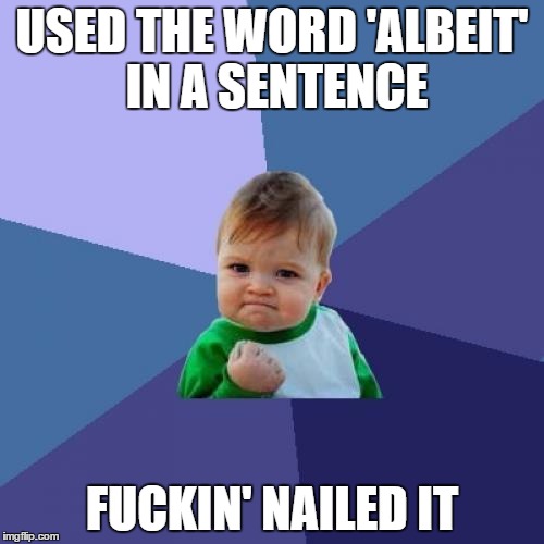Success Kid Meme | USED THE WORD 'ALBEIT' IN A SENTENCE F**KIN' NAILED IT | image tagged in memes,success kid | made w/ Imgflip meme maker