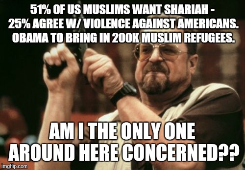 Am I The Only One Around Here | 51% OF US MUSLIMS WANT SHARIAH - 25% AGREE W/ VIOLENCE AGAINST AMERICANS. OBAMA TO BRING IN 200K MUSLIM REFUGEES. AM I THE ONLY ONE AROUND H | image tagged in memes,am i the only one around here | made w/ Imgflip meme maker