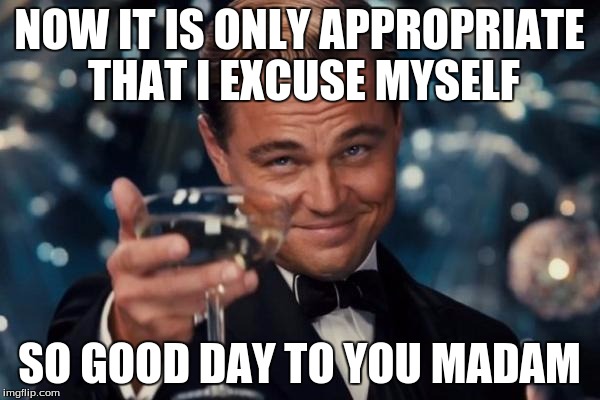 NOW IT IS ONLY APPROPRIATE THAT I EXCUSE MYSELF SO GOOD DAY TO YOU MADAM | image tagged in memes,leonardo dicaprio cheers | made w/ Imgflip meme maker