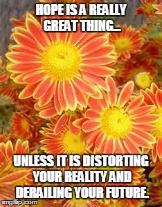 flowers | HOPE IS A REALLY GREAT THING... UNLESS IT IS DISTORTING YOUR REALITY AND DERAILING YOUR FUTURE. | image tagged in flowers | made w/ Imgflip meme maker