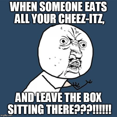 Y U No Meme | WHEN SOMEONE EATS ALL YOUR CHEEZ-ITZ, AND LEAVE THE BOX SITTING THERE???!!!!!! | image tagged in memes,y u no | made w/ Imgflip meme maker