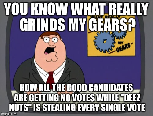Peter Griffin News Meme | YOU KNOW WHAT REALLY GRINDS MY GEARS? HOW ALL THE GOOD CANDIDATES ARE GETTING NO VOTES WHILE "DEEZ NUTS" IS STEALING EVERY SINGLE VOTE | image tagged in memes,peter griffin news | made w/ Imgflip meme maker
