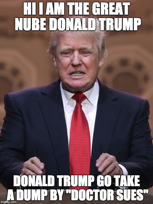 Donald Trump | HI I AM THE GREAT NUBE DONALD TRUMP DONALD TRUMP GO TAKE A DUMP
BY "DOCTOR SUES" | image tagged in donald trump | made w/ Imgflip meme maker