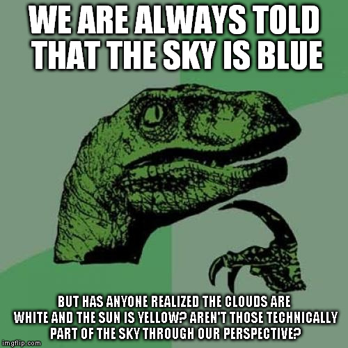 Philosoraptor | WE ARE ALWAYS TOLD THAT THE SKY IS BLUE BUT HAS ANYONE REALIZED THE CLOUDS ARE WHITE AND THE SUN IS YELLOW? AREN'T THOSE TECHNICALLY PART OF | image tagged in memes,philosoraptor | made w/ Imgflip meme maker