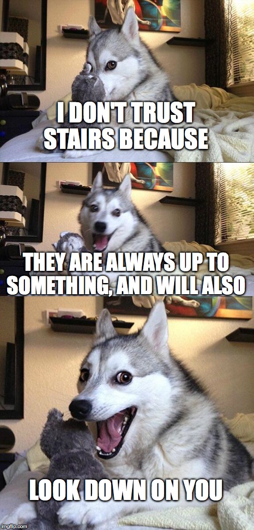 Bad Pun Dog | I DON'T TRUST STAIRS BECAUSE THEY ARE ALWAYS UP TO SOMETHING, AND WILL ALSO LOOK DOWN ON YOU | image tagged in memes,bad pun dog | made w/ Imgflip meme maker