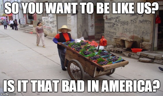 SO YOU WANT TO BE LIKE US? IS IT THAT BAD IN AMERICA? | image tagged in china,socialism,democrats | made w/ Imgflip meme maker