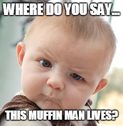 Skeptical Baby | WHERE DO YOU SAY... THIS MUFFIN MAN LIVES? | image tagged in memes,skeptical baby | made w/ Imgflip meme maker