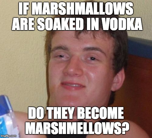 10 Guy Meme | IF MARSHMALLOWS ARE SOAKED IN VODKA DO THEY BECOME MARSHMELLOWS? | image tagged in memes,10 guy | made w/ Imgflip meme maker