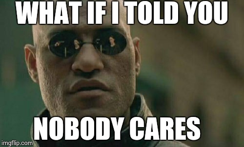 Matrix Morpheus Meme | WHAT IF I TOLD YOU NOBODY CARES | image tagged in memes,matrix morpheus | made w/ Imgflip meme maker