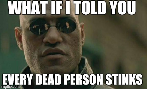 Matrix Morpheus Meme | WHAT IF I TOLD YOU EVERY DEAD PERSON STINKS | image tagged in memes,matrix morpheus | made w/ Imgflip meme maker