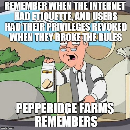 Bring back Arpanet Rules and Etiquette | REMEMBER WHEN THE INTERNET HAD ETIQUETTE, AND USERS HAD THEIR PRIVILEGES REVOKED WHEN THEY BROKE THE RULES PEPPERIDGE FARMS REMEMBERS | image tagged in memes,pepperidge farm remembers | made w/ Imgflip meme maker
