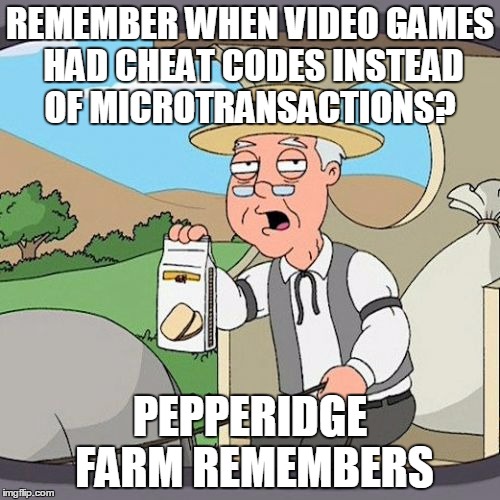 Pepperidge Farm Remembers | REMEMBER WHEN VIDEO GAMES HAD CHEAT CODES INSTEAD OF MICROTRANSACTIONS? PEPPERIDGE FARM REMEMBERS | image tagged in memes,pepperidge farm remembers | made w/ Imgflip meme maker
