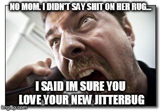 Shouter | NO MOM. I DIDN'T SAY SHIT ON HER RUG... I SAID IM SURE YOU LOVE YOUR NEW JITTERBUG | image tagged in memes,shouter | made w/ Imgflip meme maker