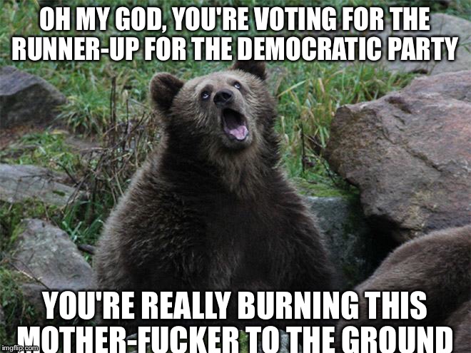 OH MY GOD, YOU'RE VOTING FOR THE RUNNER-UP FOR THE DEMOCRATIC PARTY YOU'RE REALLY BURNING THIS MOTHER-F**KER TO THE GROUND | made w/ Imgflip meme maker