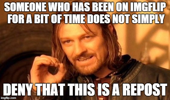 One Does Not Simply Meme | SOMEONE WHO HAS BEEN ON IMGFLIP FOR A BIT OF TIME DOES NOT SIMPLY DENY THAT THIS IS A REPOST | image tagged in memes,one does not simply | made w/ Imgflip meme maker