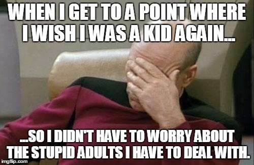 Captain Picard Facepalm | WHEN I GET TO A POINT WHERE I WISH I WAS A KID AGAIN... ...SO I DIDN'T HAVE TO WORRY ABOUT THE STUPID ADULTS I HAVE TO DEAL WITH. | image tagged in memes,captain picard facepalm | made w/ Imgflip meme maker