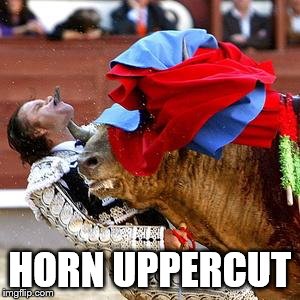 bull fighter | HORN UPPERCUT | image tagged in bull fighter | made w/ Imgflip meme maker