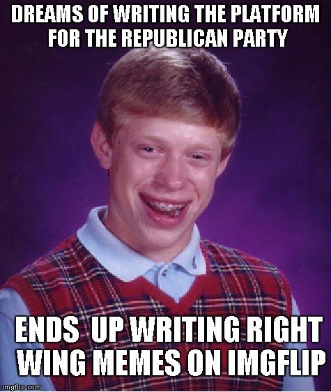 Bad Luck Brian Meme | DREAMS OF WRITING THE PLATFORM FOR THE REPUBLICAN PARTY ENDS  UP WRITING RIGHT WING MEMES ON IMGFLIP | image tagged in memes,bad luck brian | made w/ Imgflip meme maker