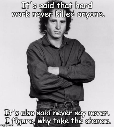 Hard work
 | It's said that hard work never killed anyone. It's also said never say never. I figure, why take the chance. | image tagged in the thinker | made w/ Imgflip meme maker